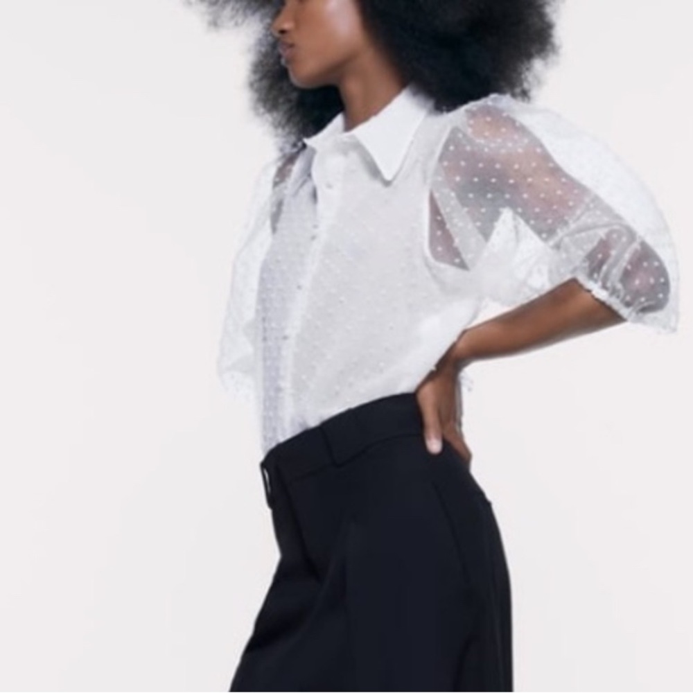 ZARA Elegant White Sheer Polka Dot Blouse TOP LARGE - Picture 2 of 11
